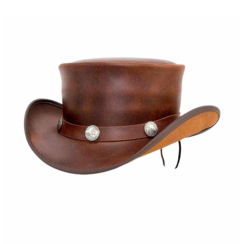 Brown leather wide brim hat with vintage ranch style.
