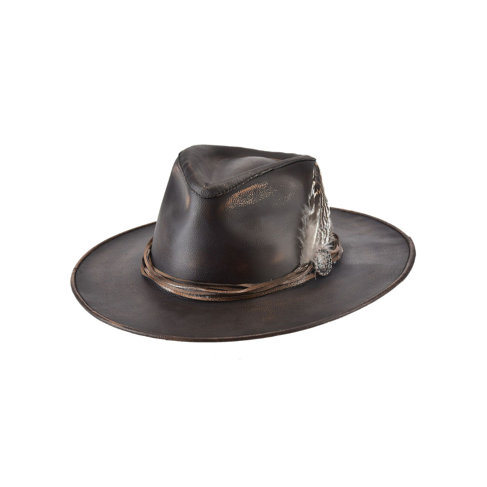 Bullhide Chocolate Distressed Leather Outback Hat – rugged, durable, and stylish