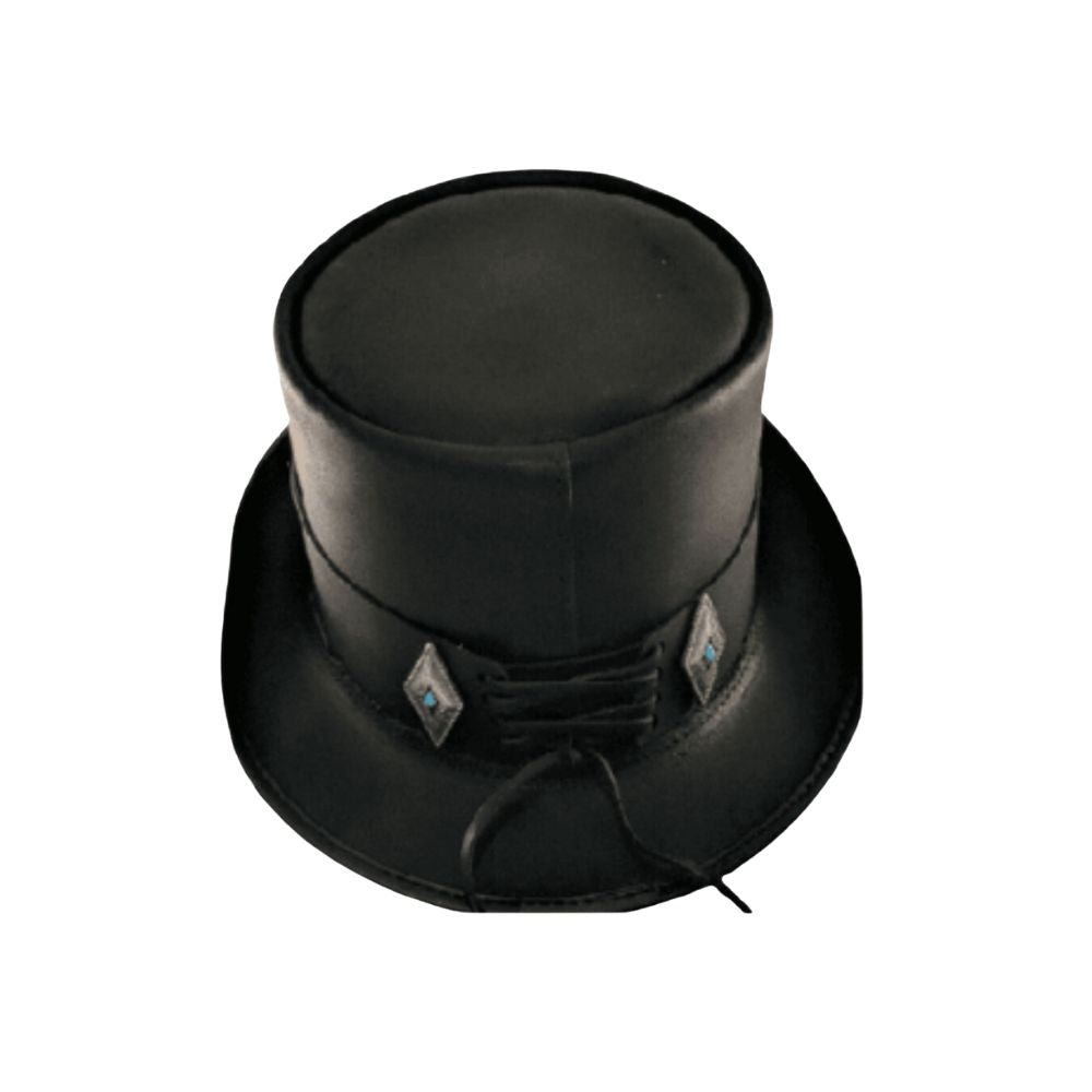 Classic black top hat with steampunk accents and details.
