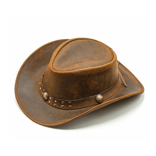 Classic brown leather cowboy hat for outdoor wear
