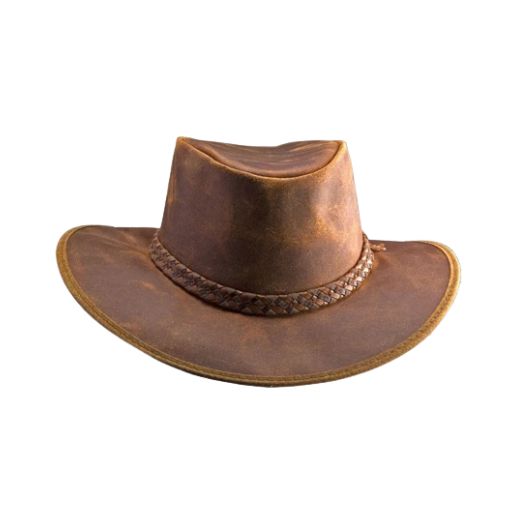 Classic leather Homburg hat with wide brim for outdoor wear.
