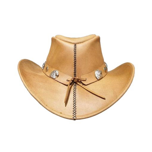 Classic leather cowboy hat with an eagle band accent.
