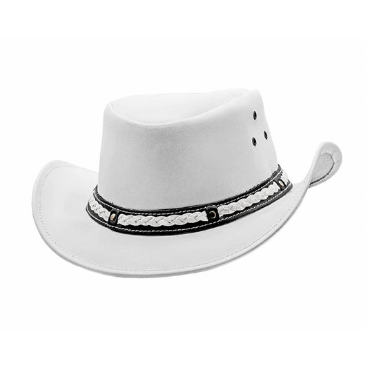 Classic leather hat designed for outdoor work and ranch life.
