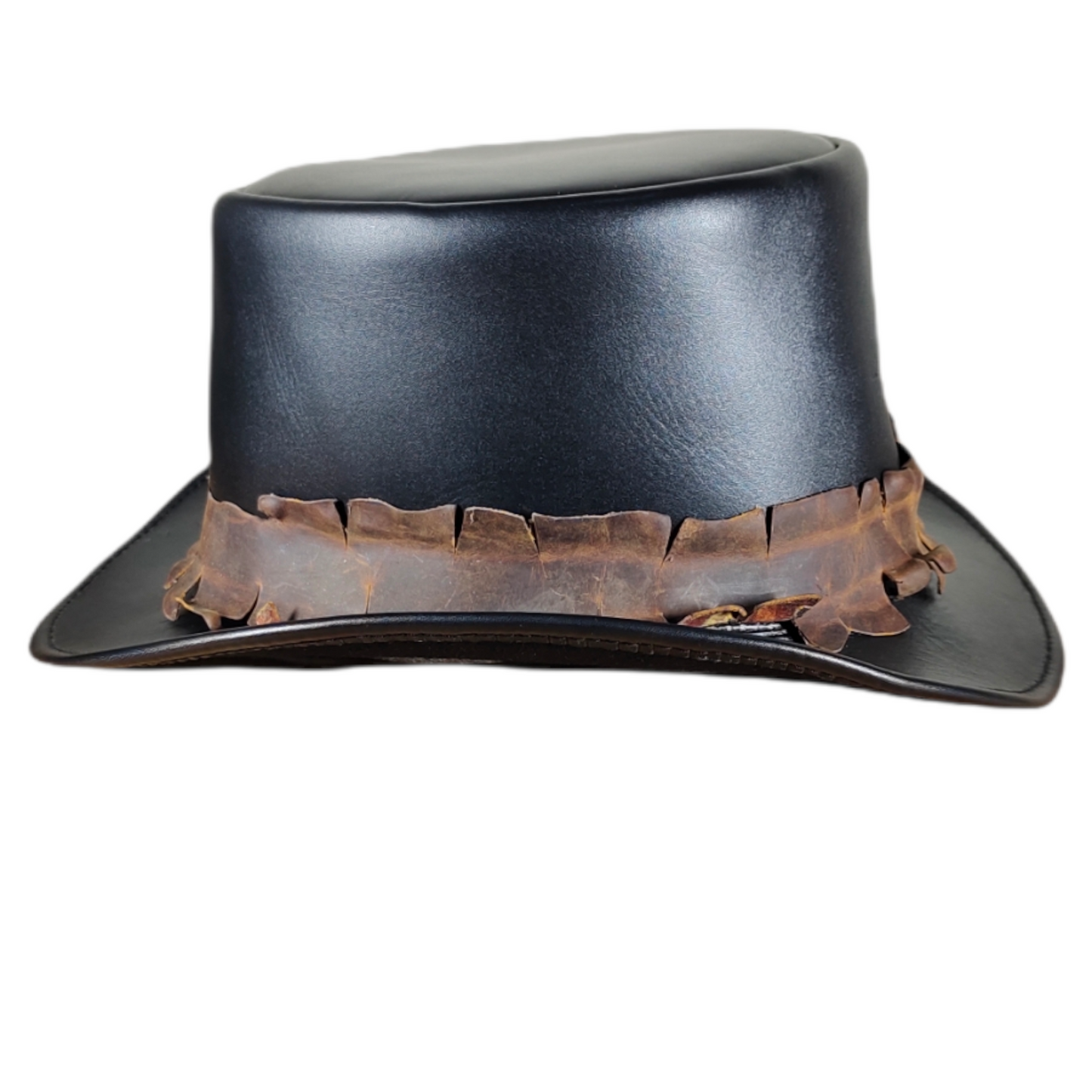 Classic leather top hat with brown leather detailing
