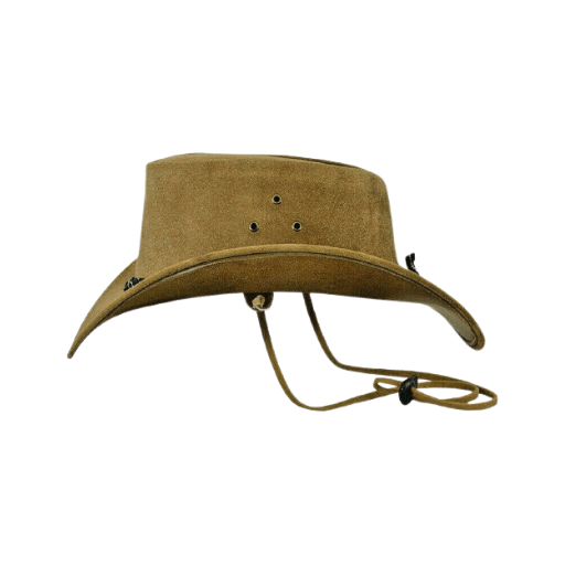 Classic light brown suede cowboy hat with leather trim
