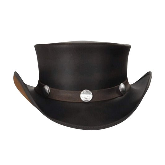 Cowhide Eldorado top hat with steampunk design
