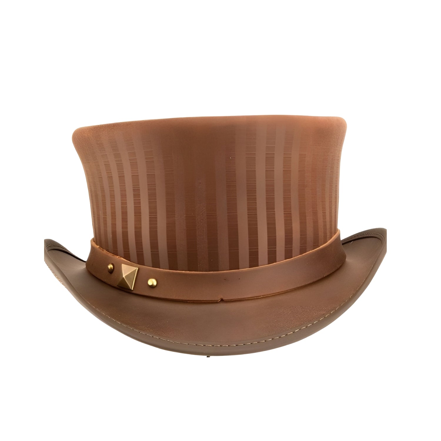 Custom-made brown leather top hat featuring golden line details.
