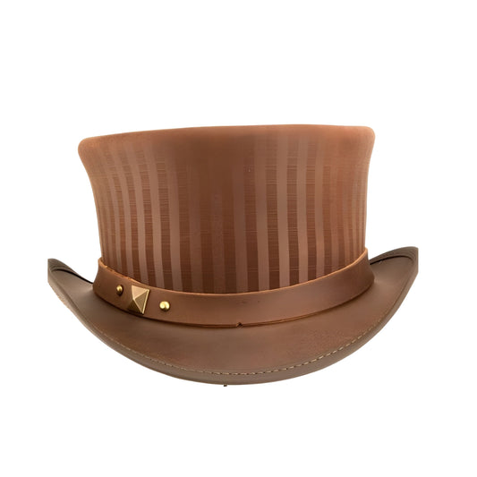 Custom-made brown leather top hat featuring golden line details.
