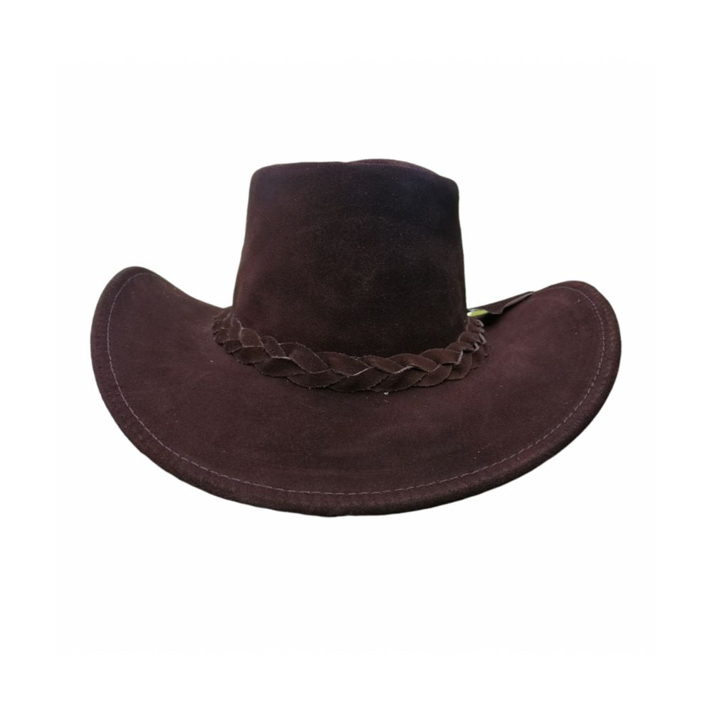 Dark brown leather hat for a classic country look.
