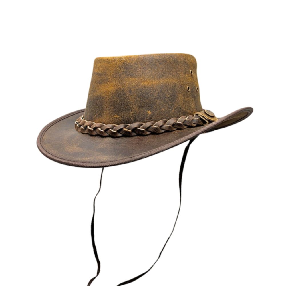 Distressed brown leather cowboy hat with braided band.
