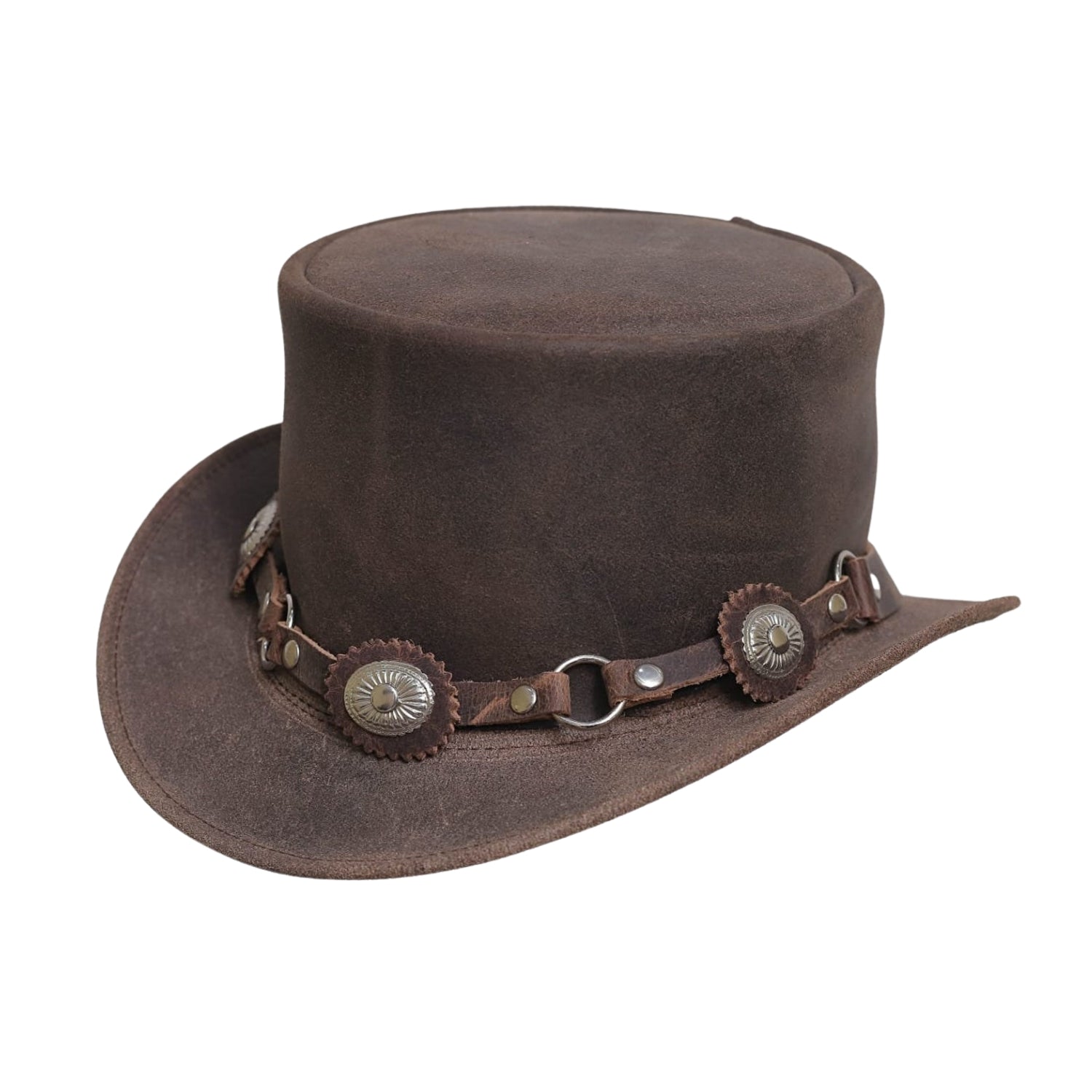 Distressed brown leather top hat with conchus band
