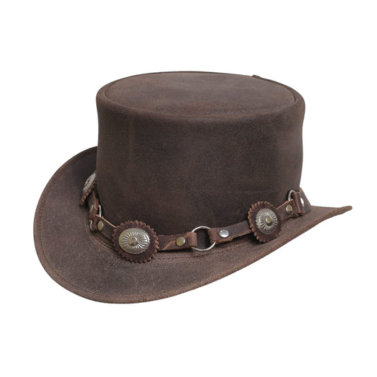 Distressed brown leather top hat with conchus band
