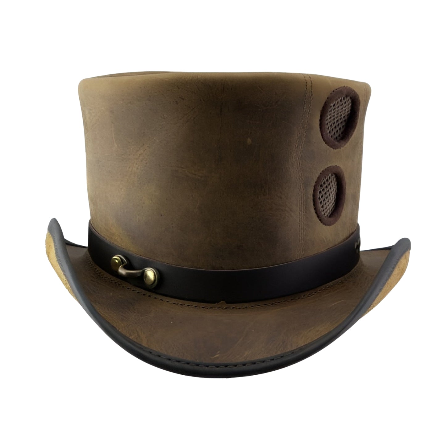 Distressed brown leather top hat with hook style
