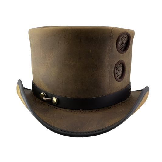 Distressed brown leather top hat with hook style
