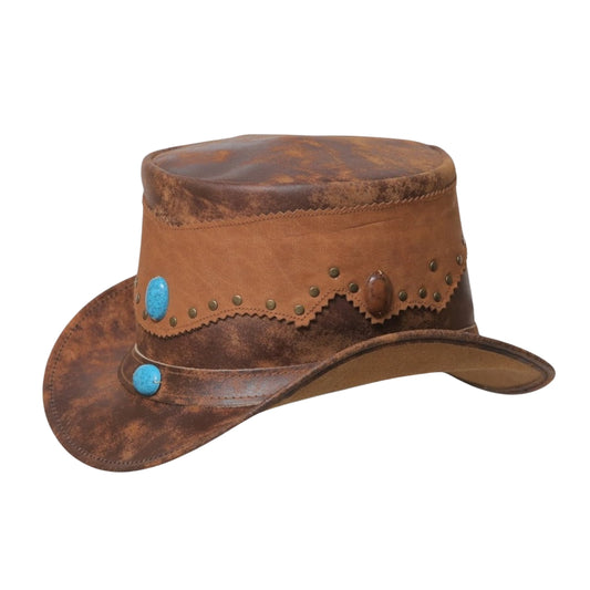 Distressed brown leather top hat with western band
