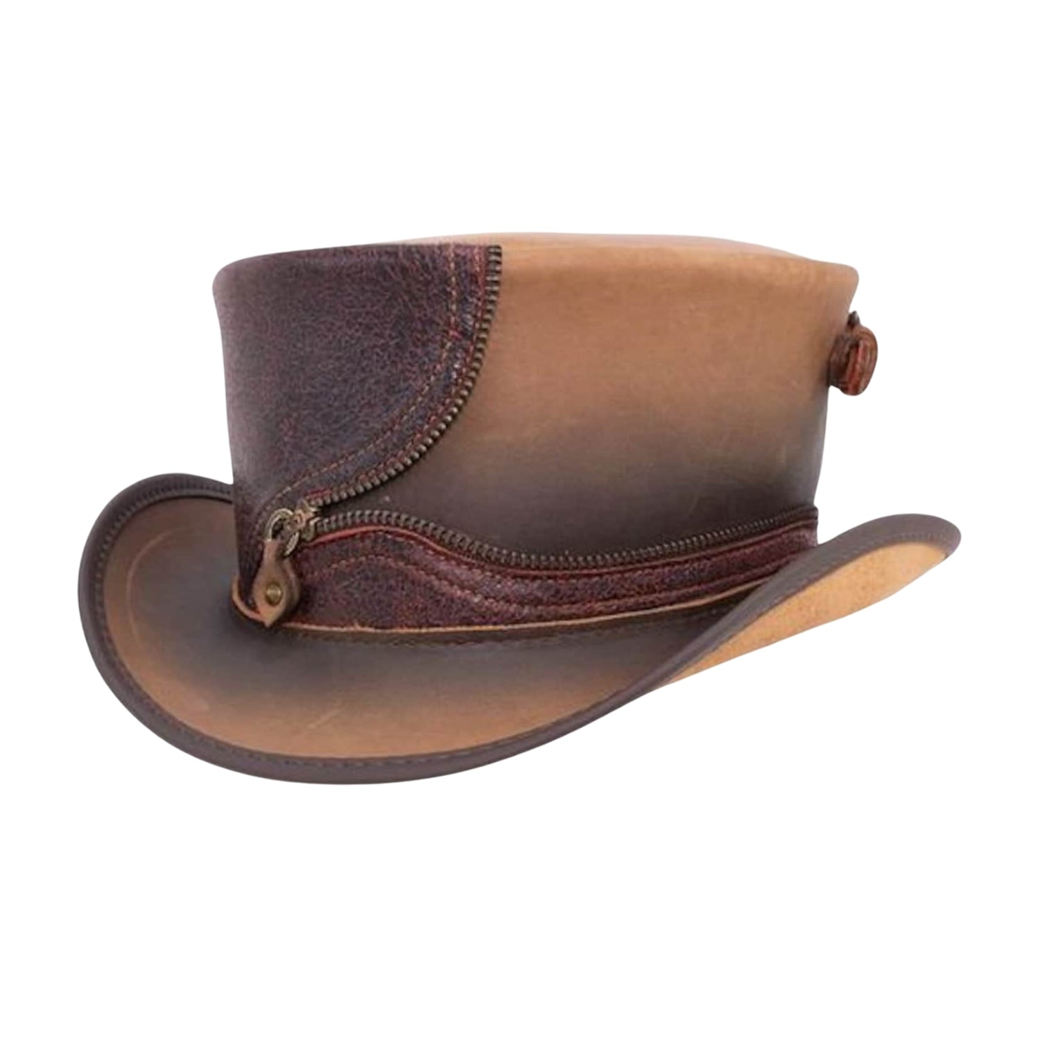 Distressed brown leather top hat with zipper detail
