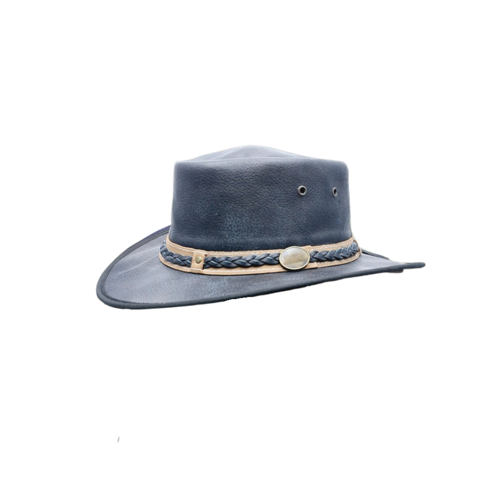 Dual-tone Outback cowboy hat with wide brim and chinstraps.
