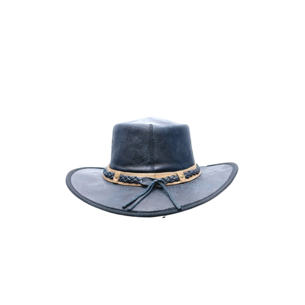 Dual-tone Outback cowboy hat with wide brim and chinstraps.
