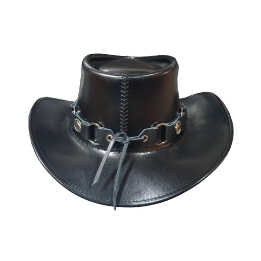 Durable black leather cowboy hat with buffalo concho accent for a unique western flair.