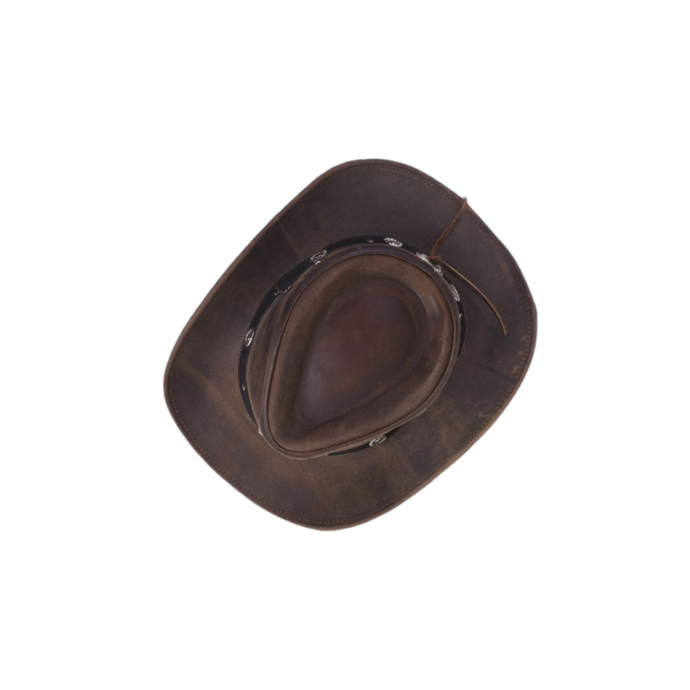 Durable brown leather cowboy hat with wide brim and iron cross detail.





