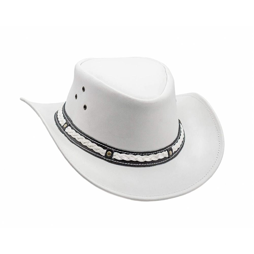 Durable brown leather hat with a rustic cowboy look.
