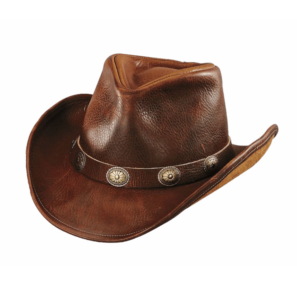 Durable leather cowboy hat in brown with western flair
