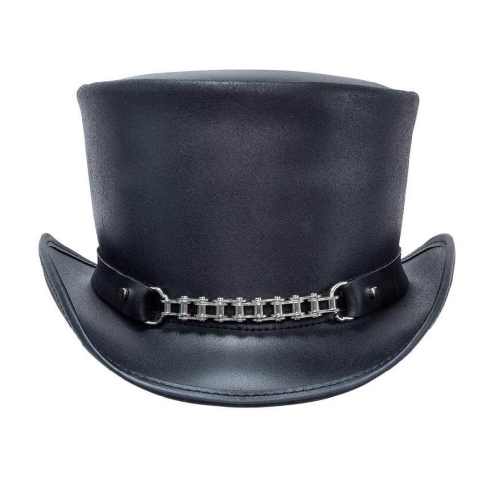 Edgy leather top hat with motorbike chain band
