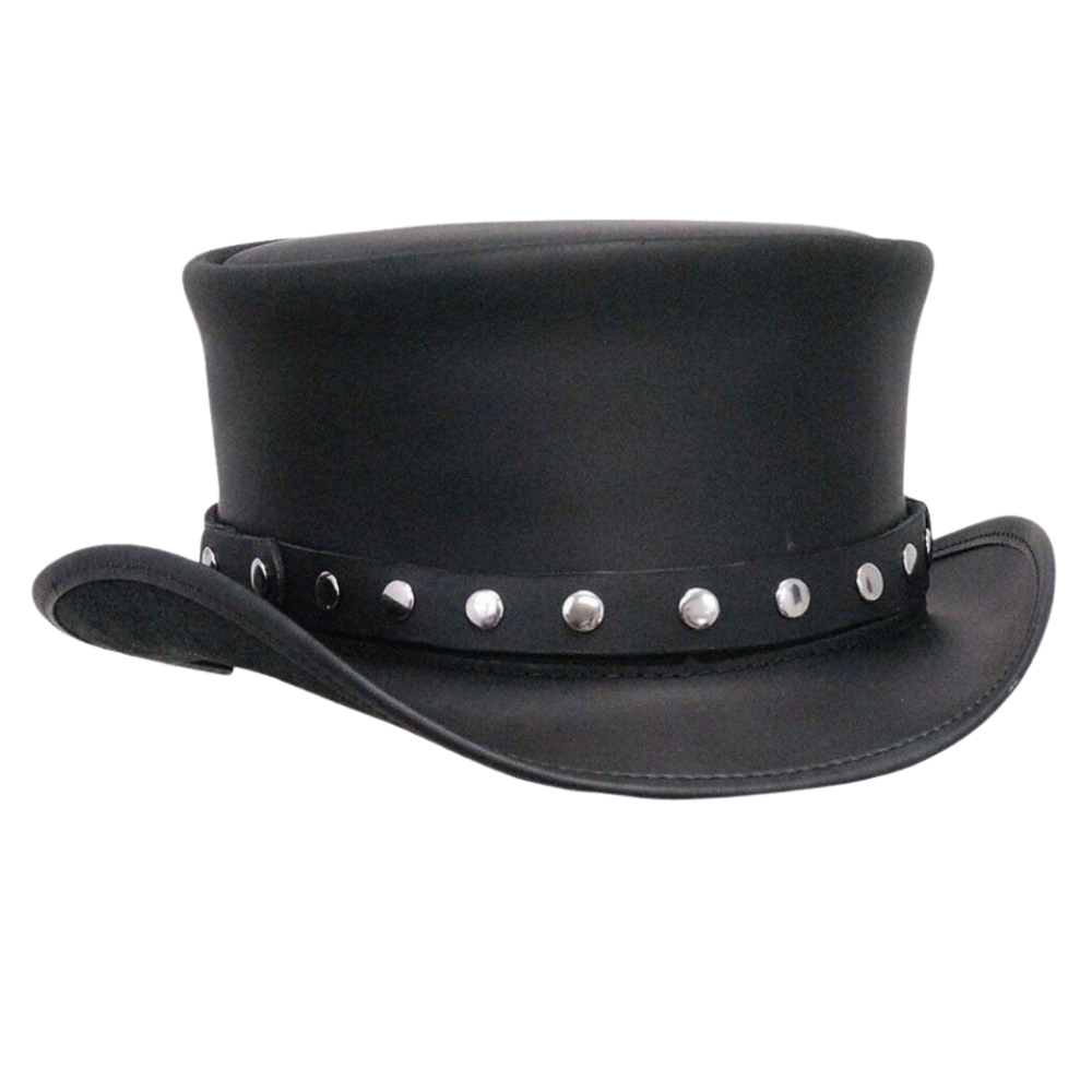 Elegant Black Leather Top Hat with a Distinctive Rivet Detail

