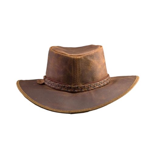 Elegant Western leather hat with sun-blocking wide brim.
