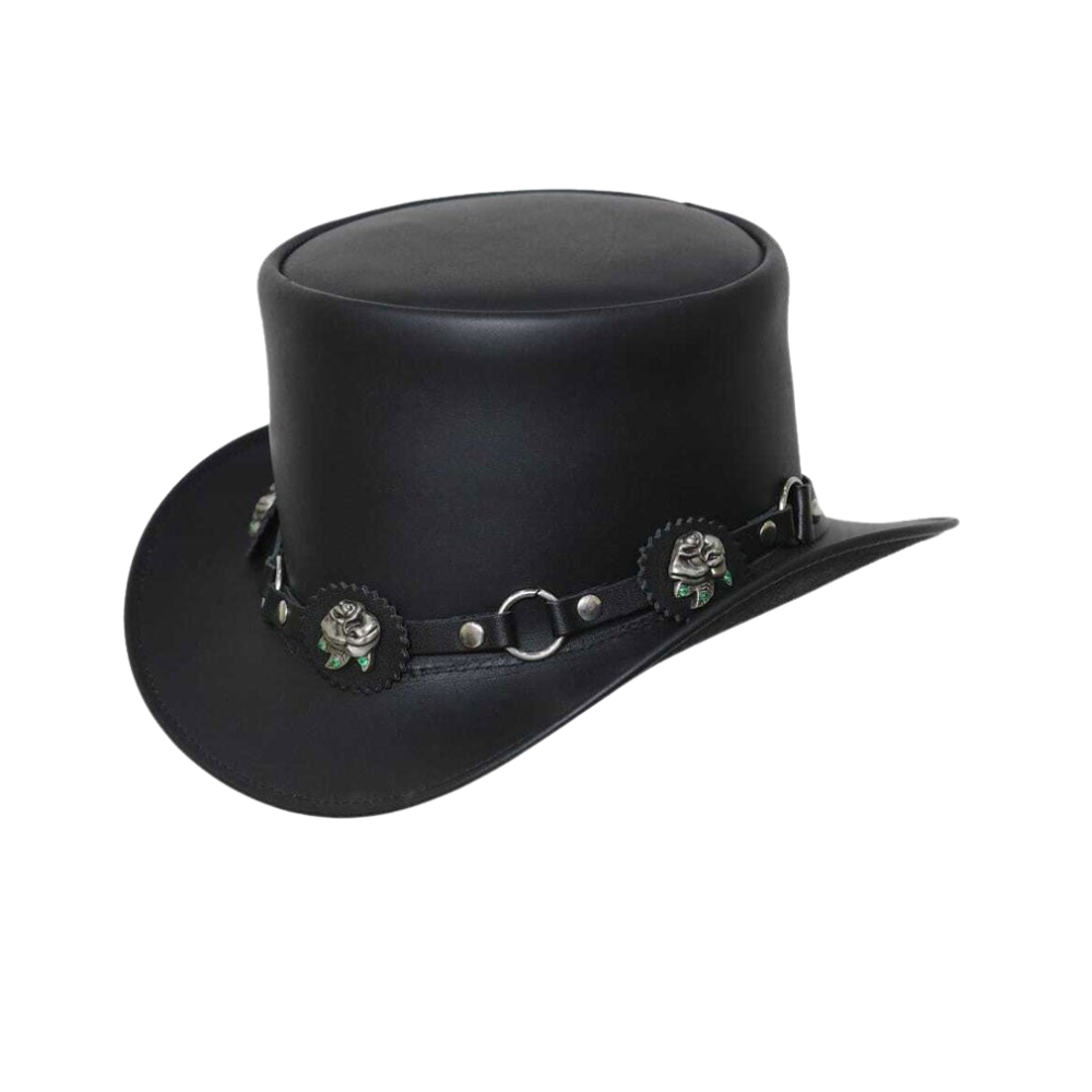 Elegant black leather top hat featuring a decorative rose band
