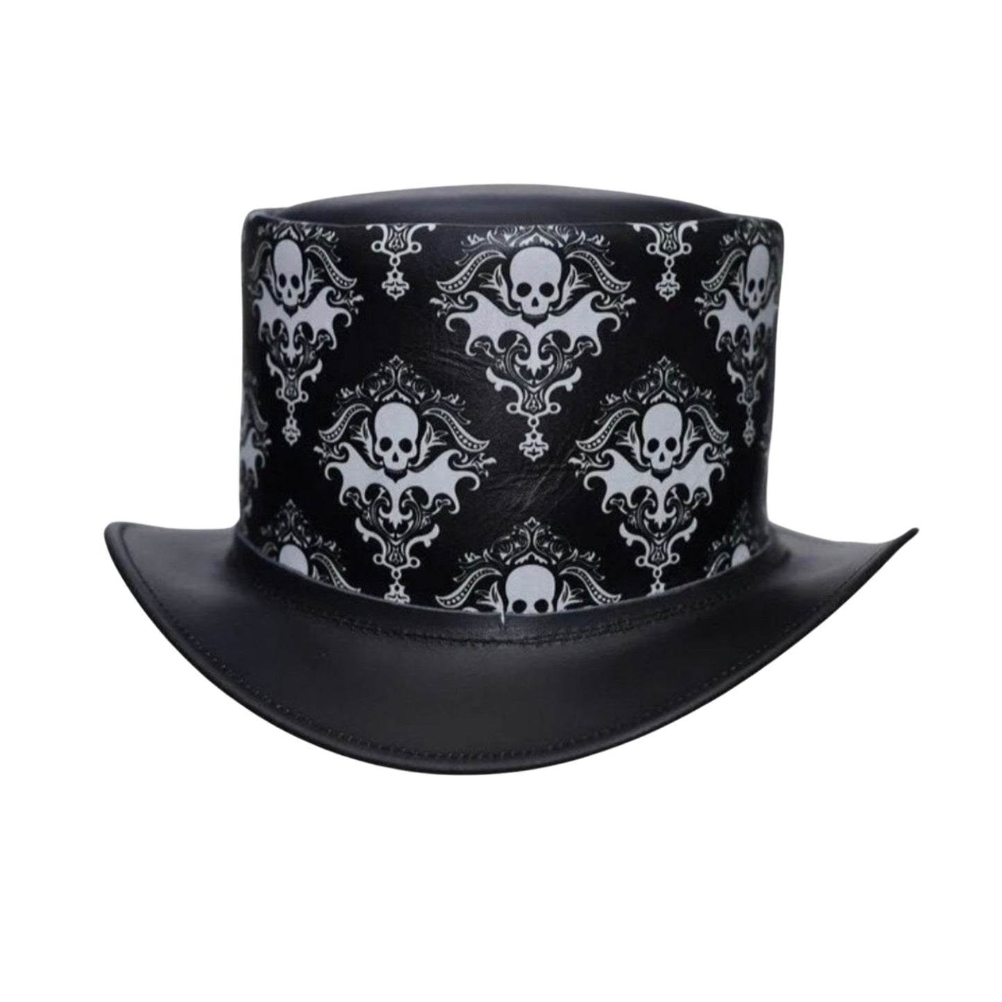 Elegant black leather top hat for Victorian and gothic outfits.
