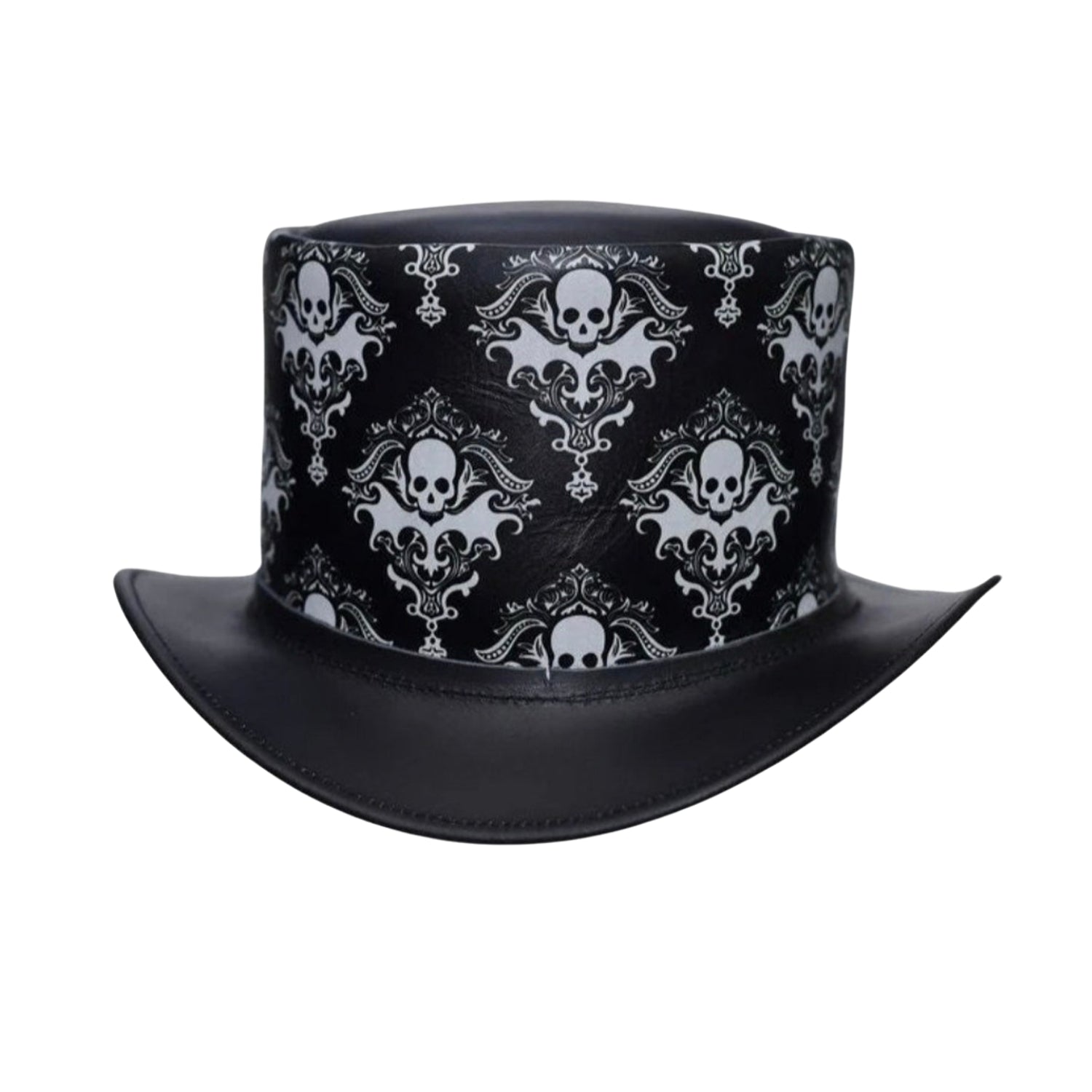 Elegant black leather top hat for Victorian and gothic outfits.
