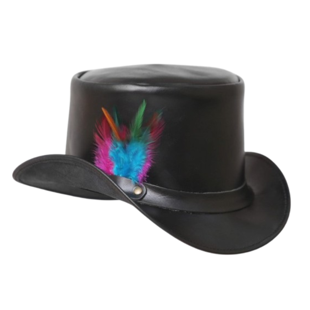 Elegant black leather top hat with a feather band, blending classic style with a gothic edge.
