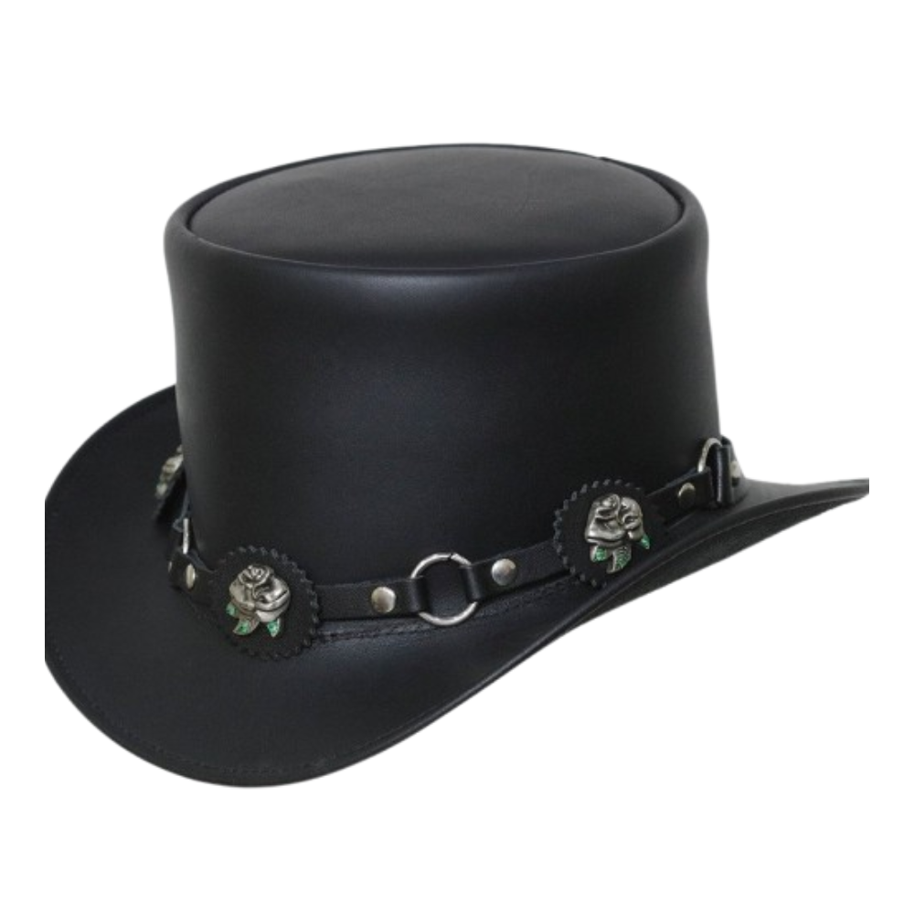 Elegant black leather top hat with flower band detail for added style.