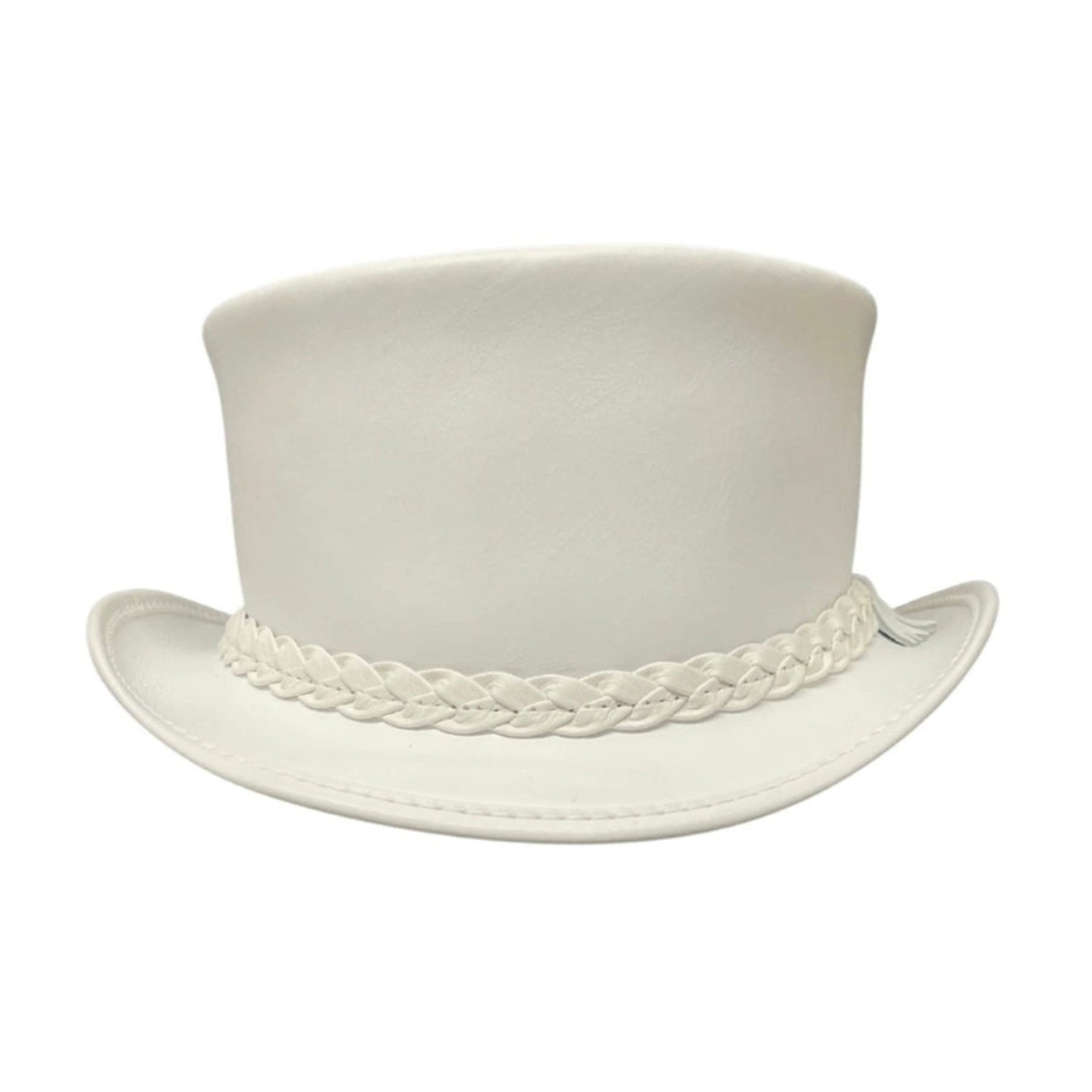 Elegant leather top hat featuring a leather band and unique design





