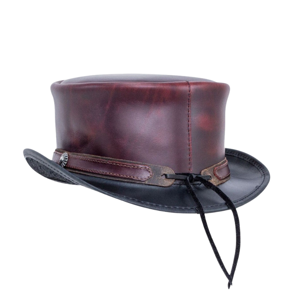 Elegant maroon leather top hat with black accents
