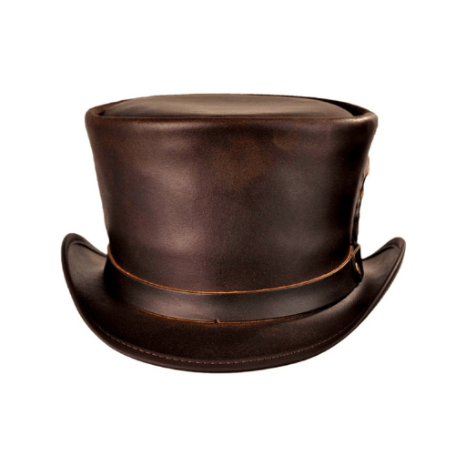 Elegant top hat with feather detail in buffalo leather
