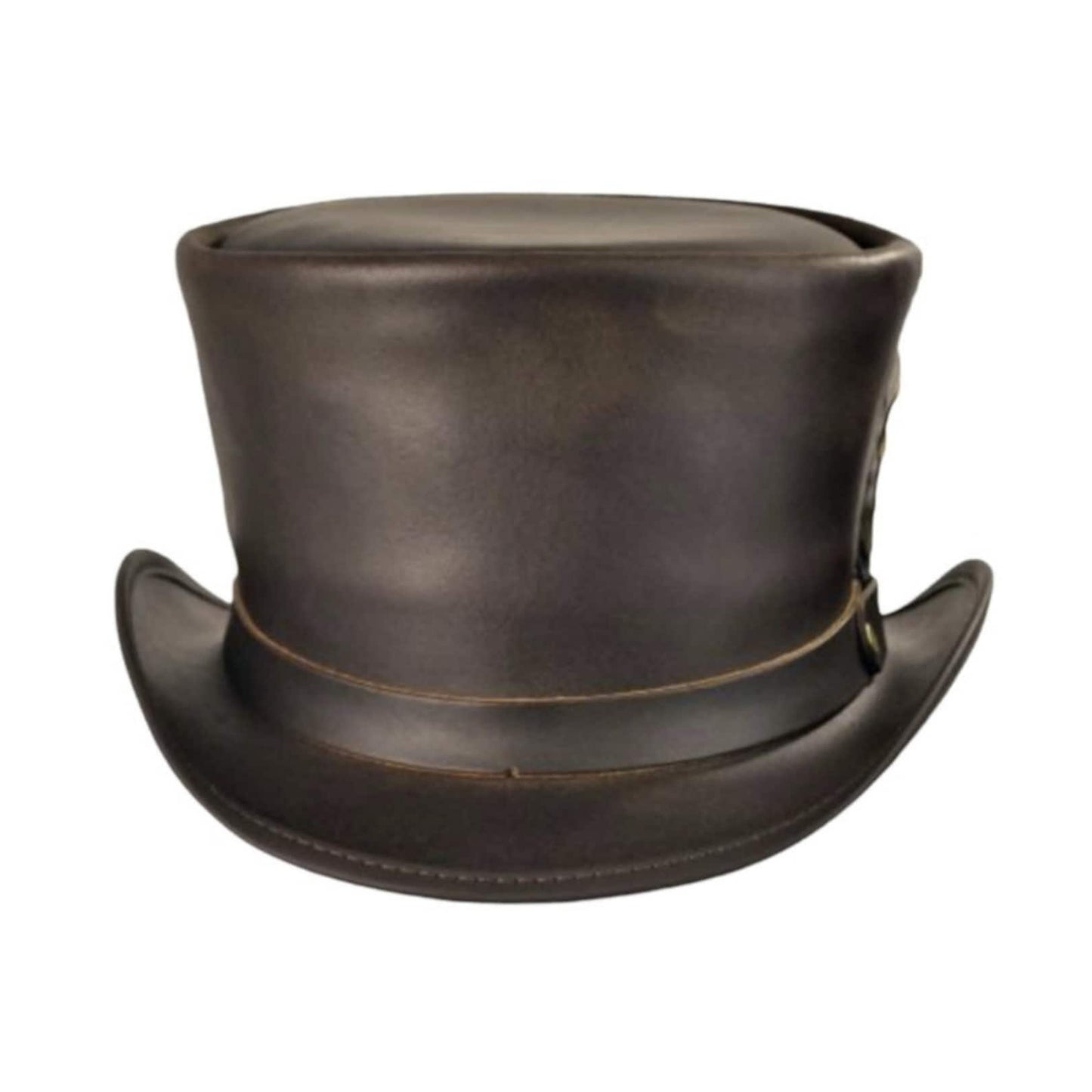 Fashionable leather top hat with a stylish cowhide leather band
