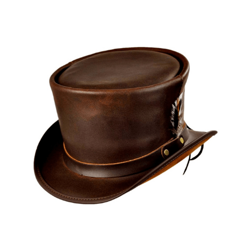 Feathered buffalo leather top hat for formal wear
