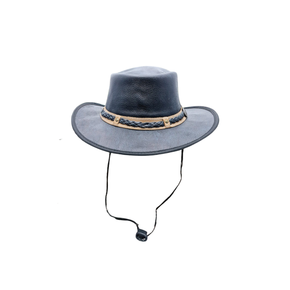 Foldable leather buffalo cowboy hat with braided band.
