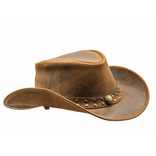 Genuine leather brown cowboy hat with western design

