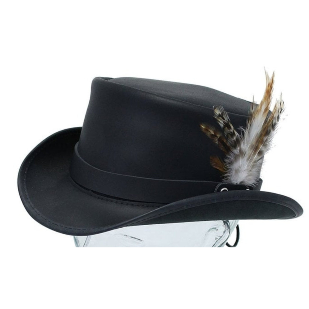 Gothic-Style Black Leather Top Hat with Feather Detail