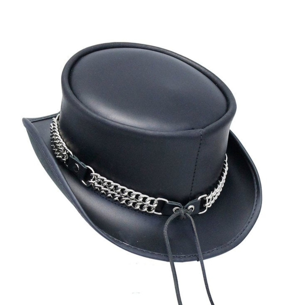 Gothic-inspired black leather top hat with a unique curb chain band.

