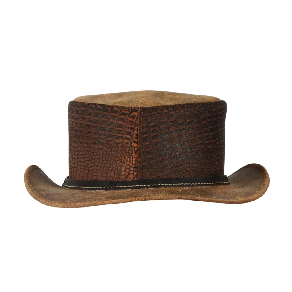 Gothic Brown Leather Top Hat with Crocodile Style and Spikes.
