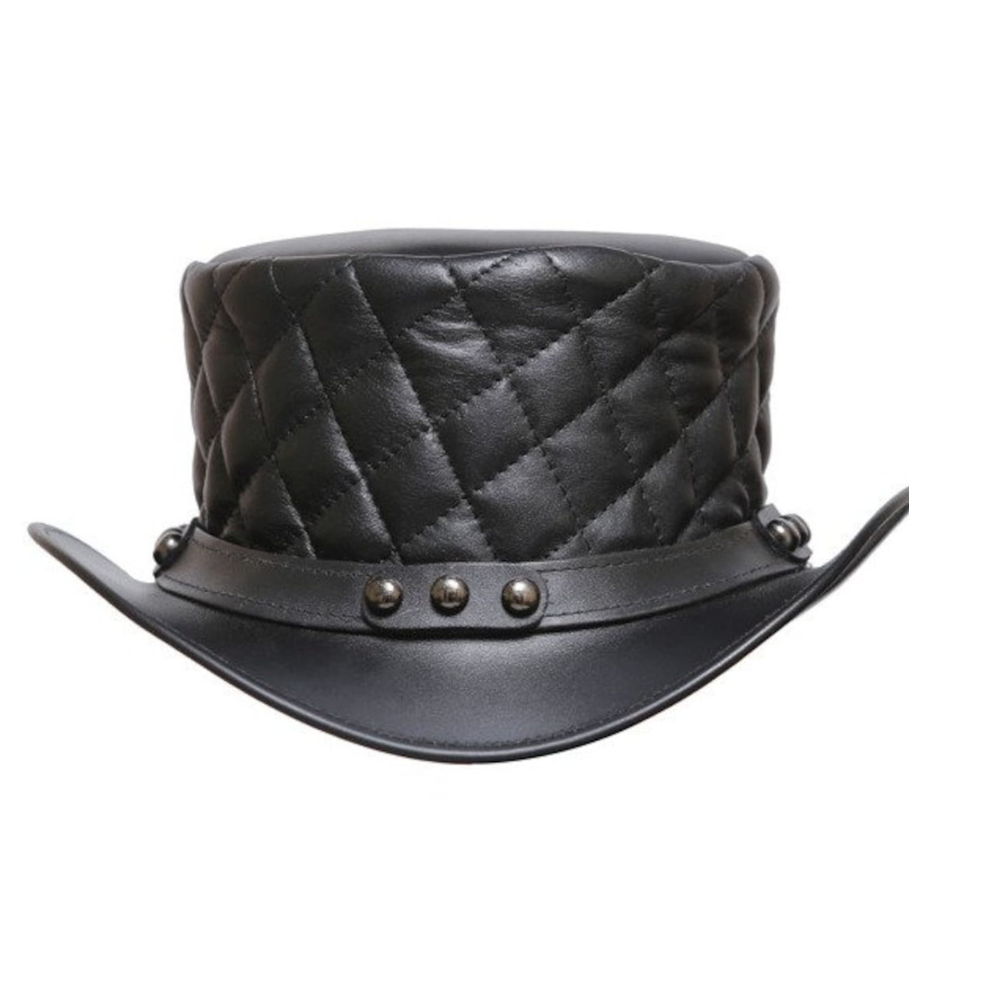 Gothic black leather quilted top hat with Revit style band, ideal for a bold, unique style.