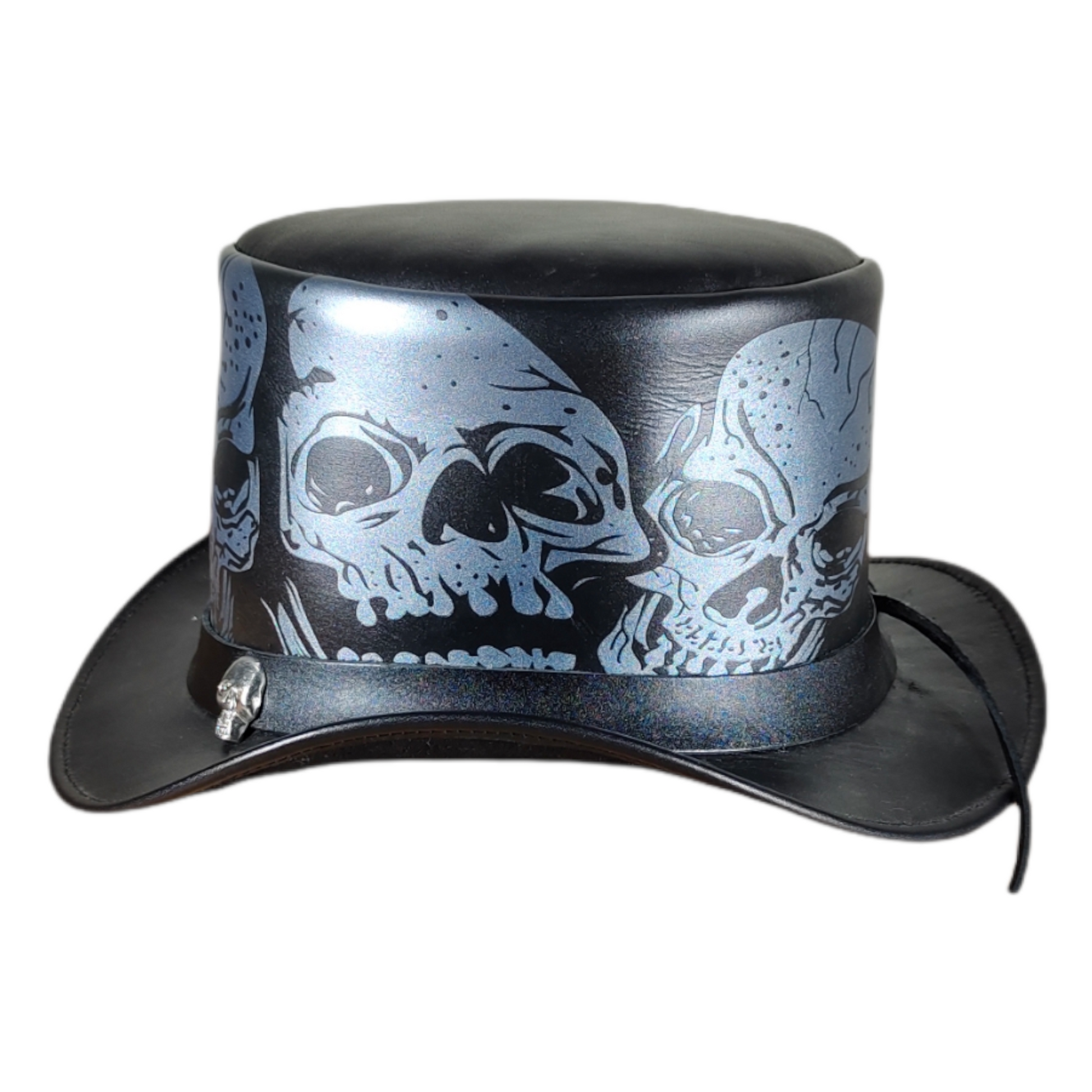 Gothic luxury leather top hat with unique skull print
