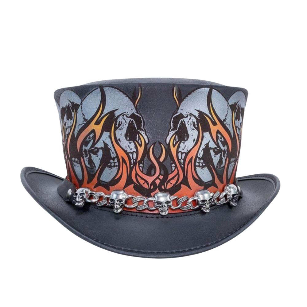 Gothic style leather top hat featuring skull patterns

