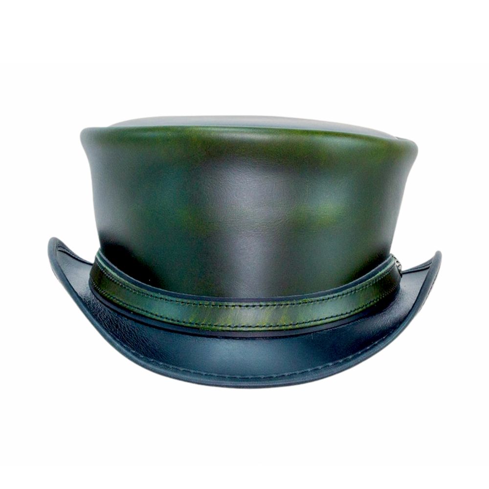 Green leather top hat with black brim, gothic style.
