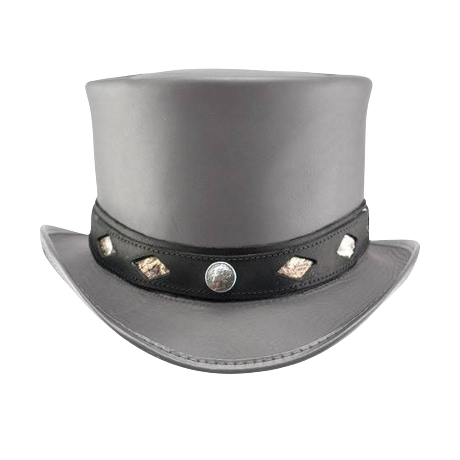 Grey Leather Steampunk Top Hat with Nickel Band

