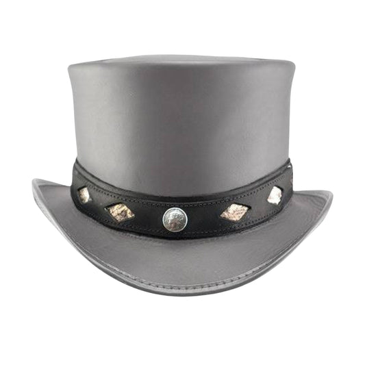 Grey Leather Steampunk Top Hat with Nickel Band

